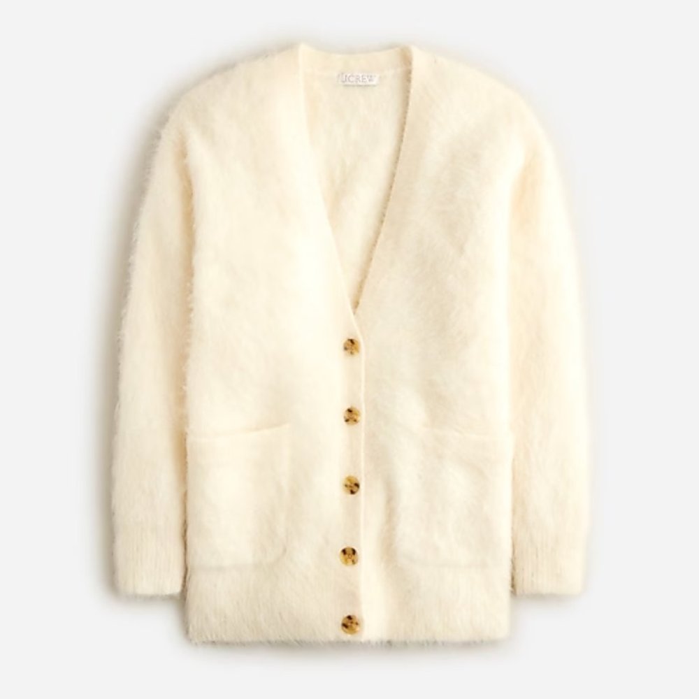 Relaxed V-Neck Cardigan Sweater in Brushed Yarn: Ivory, Size XS